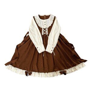 Two-Piece Striped Long Sleeve Bowknot Layered Midi Dress with Lace Trim and Ruff